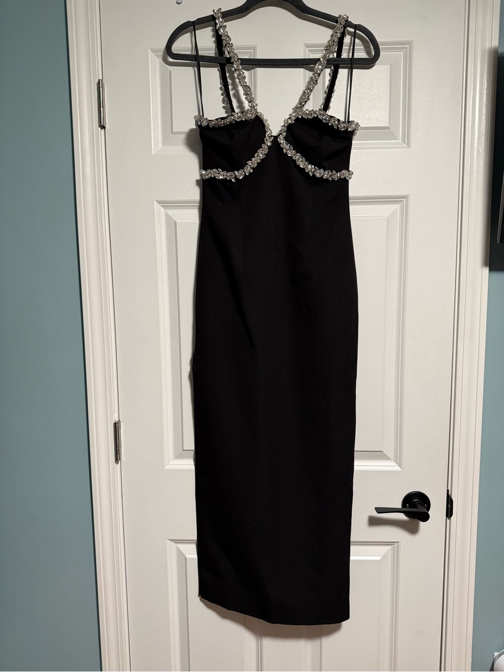Bardot Black Midi Dress with Crystal-Trim Straps